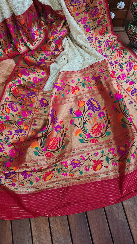 Zynah Off-white Color Banarasi Khaddi Georgette Saree with Chikankari Work & Paithani Weave; Custom Stitched/Ready-made Blouse, Fall, Petticoat; Shipping available USA, Worldwide