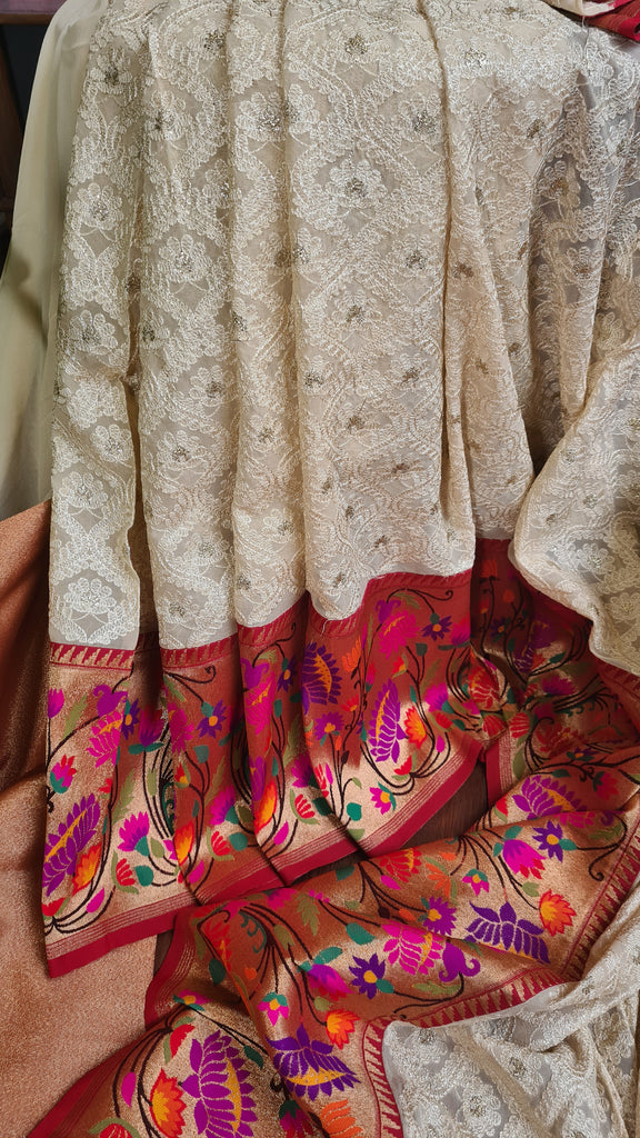 Zynah Off-white Color Banarasi Khaddi Georgette Saree with Chikankari Work & Paithani Weave; Custom Stitched/Ready-made Blouse, Fall, Petticoat; Shipping available USA, Worldwide