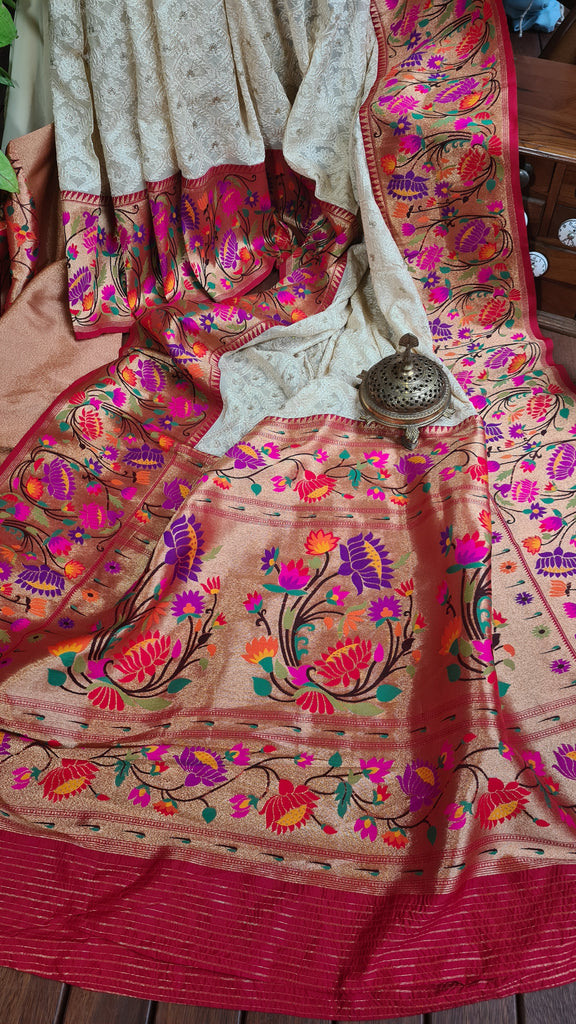 Zynah Off-white Color Banarasi Khaddi Georgette Saree with Chikankari Work & Paithani Weave; Custom Stitched/Ready-made Blouse, Fall, Petticoat; Shipping available USA, Worldwide