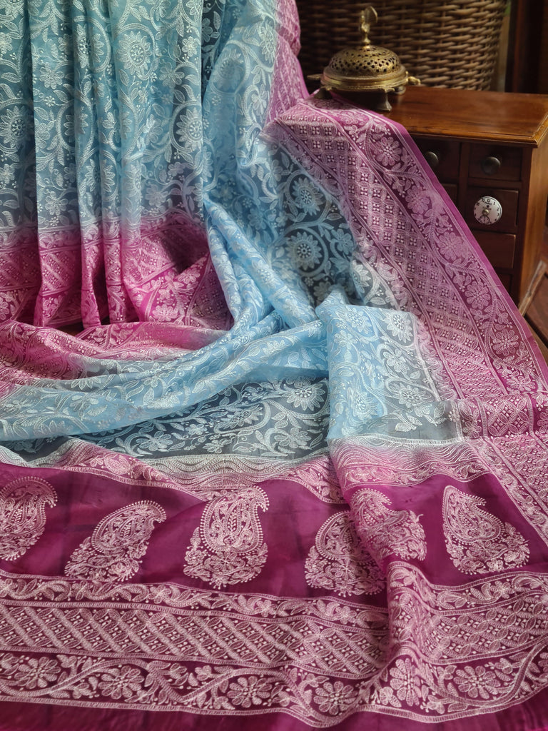 Zynah Baby Blue Color Pure Organza Silk Saree with Floral Jaal Thread Chikankari Embroidery; Custom Stitched/Ready-made Blouse, Fall, Petticoat; Shipping available USA, Worldwide