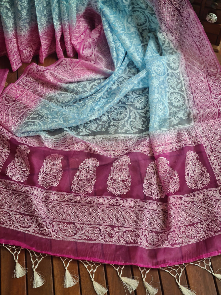 Zynah Baby Blue Color Pure Organza Silk Saree with Floral Jaal Thread Chikankari Embroidery; Custom Stitched/Ready-made Blouse, Fall, Petticoat; Shipping available USA, Worldwide