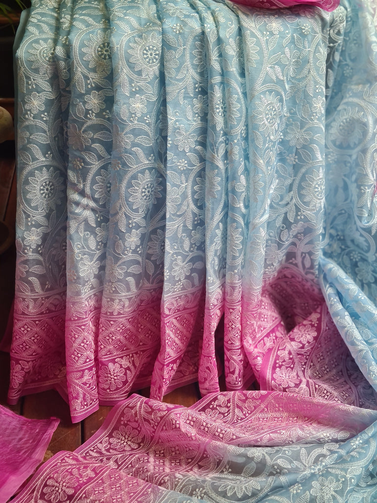 Zynah Baby Blue Color Pure Organza Silk Saree with Floral Jaal Thread Chikankari Embroidery; Custom Stitched/Ready-made Blouse, Fall, Petticoat; Shipping available USA, Worldwide