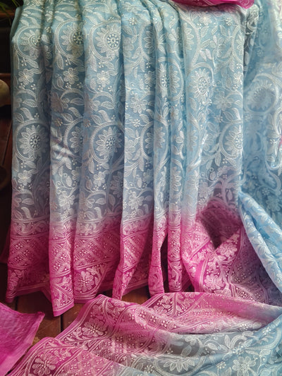 Zynah Baby Blue Color Pure Organza Silk Saree with Floral Jaal Thread Chikankari Embroidery; Custom Stitched/Ready-made Blouse, Fall, Petticoat; Shipping available USA, Worldwide Zynah Baby Blue Color Pure Organza Silk Saree with Floral Jaal Thread Chikankari Embroidery; Custom Stitched/Ready-made Blouse, Fall, Petticoat; Shipping available USA, Worldwide