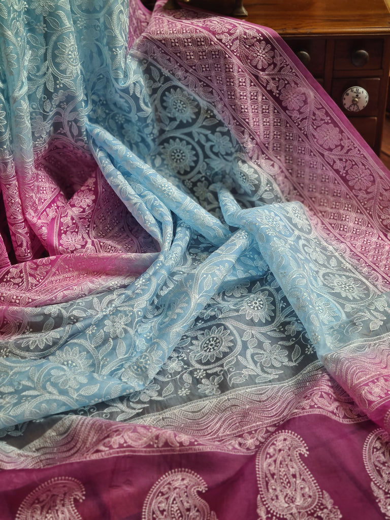 Zynah Baby Blue Color Pure Organza Silk Saree with Floral Jaal Thread Chikankari Embroidery; Custom Stitched/Ready-made Blouse, Fall, Petticoat; Shipping available USA, Worldwide