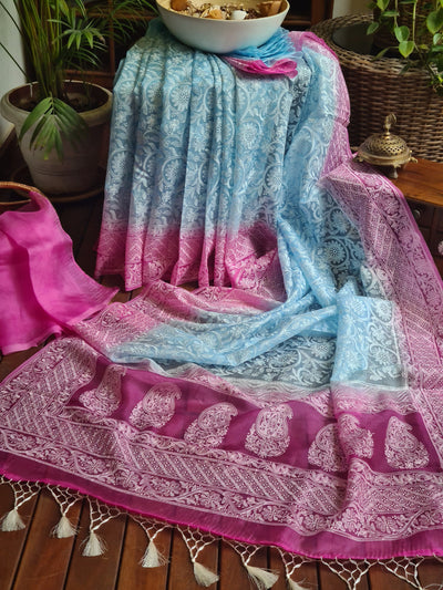 Zynah Baby Blue Color Pure Organza Silk Saree with Floral Jaal Thread Chikankari Embroidery; Custom Stitched/Ready-made Blouse, Fall, Petticoat; Shipping available USA, Worldwide