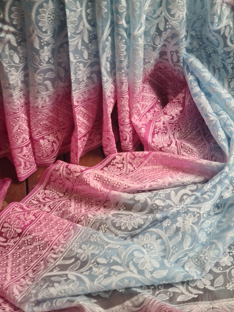 Zynah Baby Blue Color Pure Organza Silk Saree with Floral Jaal Thread Chikankari Embroidery; Custom Stitched/Ready-made Blouse, Fall, Petticoat; Shipping available USA, Worldwide