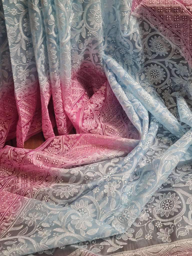 Zynah Baby Blue Color Pure Organza Silk Saree with Floral Jaal Thread Chikankari Embroidery; Custom Stitched/Ready-made Blouse, Fall, Petticoat; Shipping available USA, Worldwide