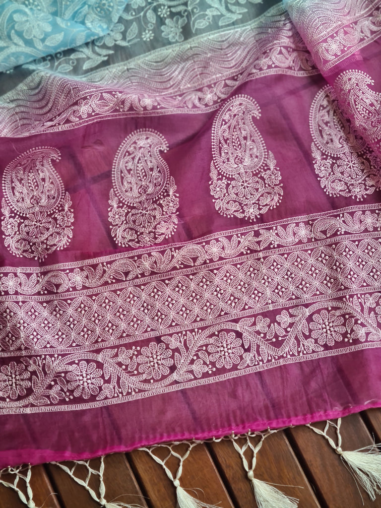 Zynah Baby Blue Color Pure Organza Silk Saree with Floral Jaal Thread Chikankari Embroidery; Custom Stitched/Ready-made Blouse, Fall, Petticoat; Shipping available USA, Worldwide