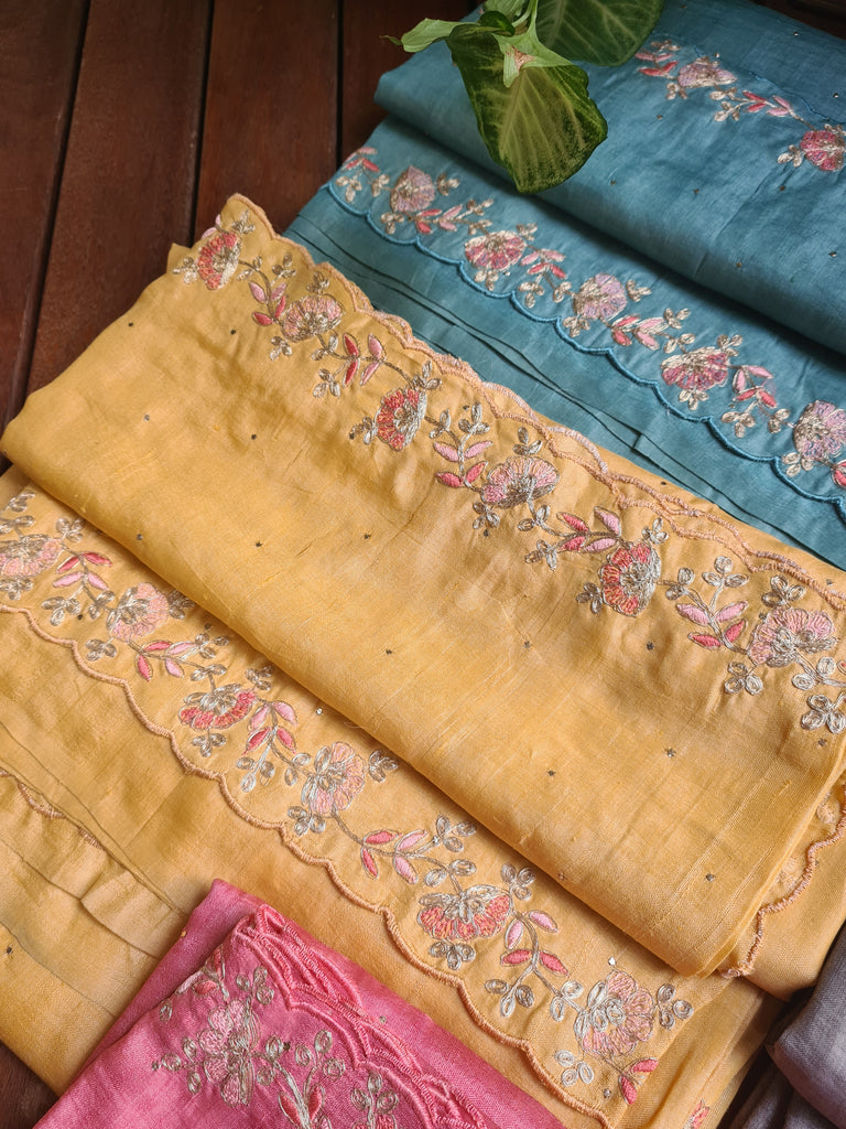 Zynah Yellow Color Handwoven Tussar Silk Saree Embellished with Pitan hand embroidery and Mukaish handwork; Custom Stitched/Ready-made Blouse, Fall, Petticoat; Shipping available USA, Worldwide