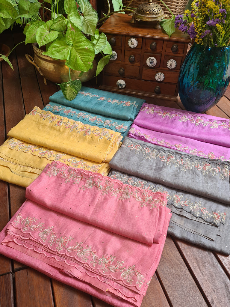Zynah Grey Color Handwoven Tussar Silk Saree Embellished with Pitan hand embroidery and Mukaish handwork; Custom Stitched/Ready-made Blouse, Fall, Petticoat; Shipping available USA, Worldwide