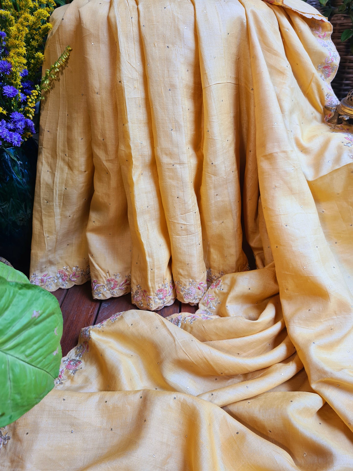 Zynah Yellow Color Handwoven Tussar Silk Saree Embellished with Pitan hand embroidery and Mukaish handwork; Custom Stitched/Ready-made Blouse, Fall, Petticoat; Shipping available USA, Worldwide