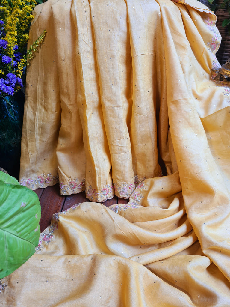 Zynah Yellow Color Handwoven Tussar Silk Saree Embellished with Pitan hand embroidery and Mukaish handwork; Custom Stitched/Ready-made Blouse, Fall, Petticoat; Shipping available USA, Worldwide