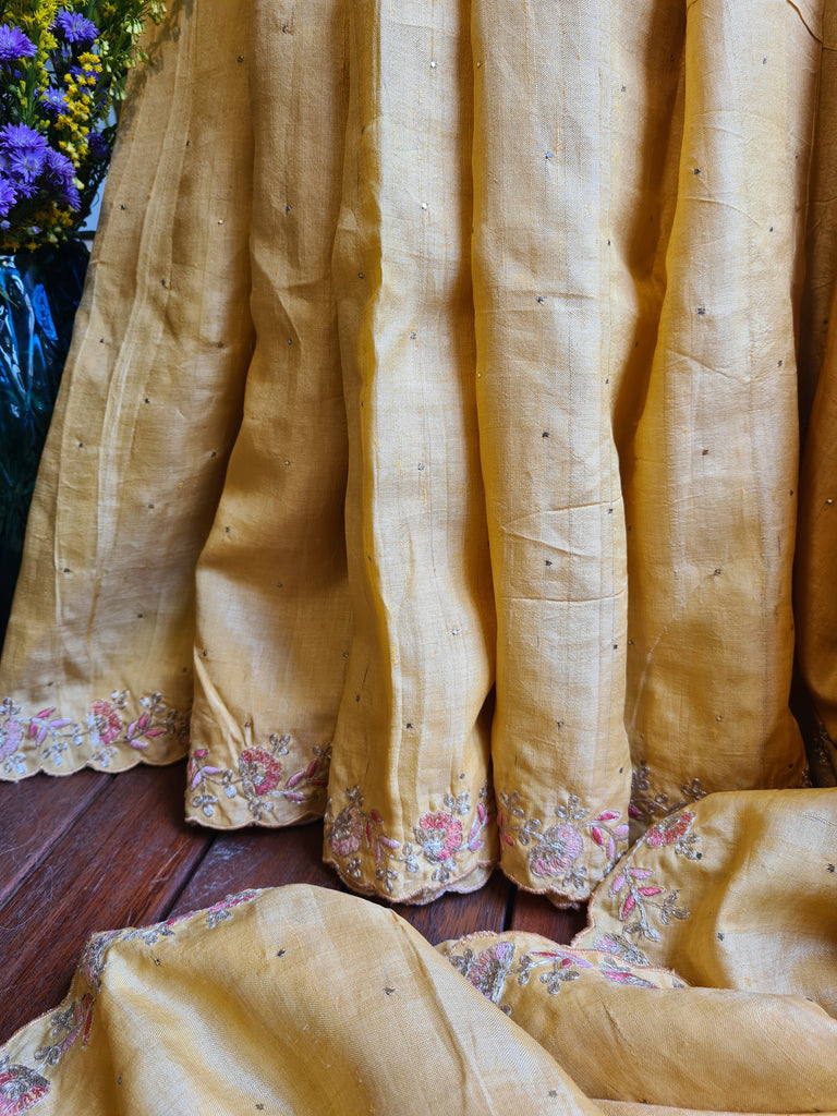 Zynah Yellow Color Handwoven Tussar Silk Saree Embellished with Pitan hand embroidery and Mukaish handwork; Custom Stitched/Ready-made Blouse, Fall, Petticoat; Shipping available USA, Worldwide