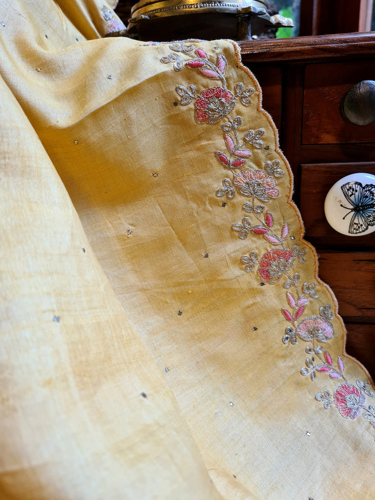 Zynah Yellow Color Handwoven Tussar Silk Saree Embellished with Pitan hand embroidery and Mukaish handwork; Custom Stitched/Ready-made Blouse, Fall, Petticoat; Shipping available USA, Worldwide