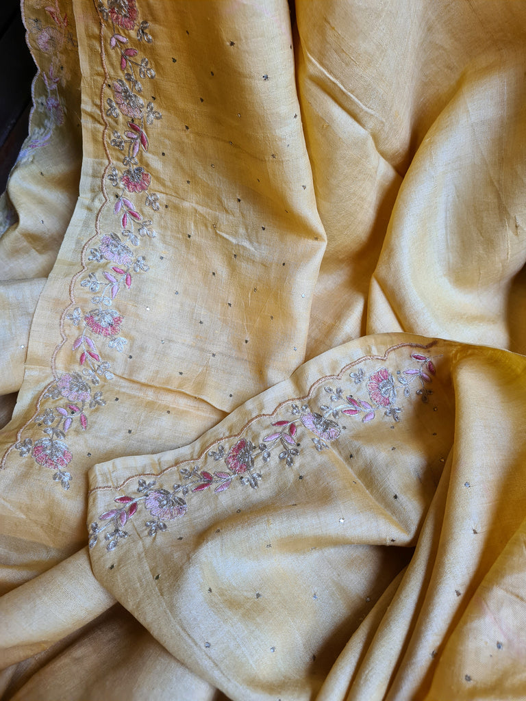 Zynah Yellow Color Handwoven Tussar Silk Saree Embellished with Pitan hand embroidery and Mukaish handwork; Custom Stitched/Ready-made Blouse, Fall, Petticoat; Shipping available USA, Worldwide
