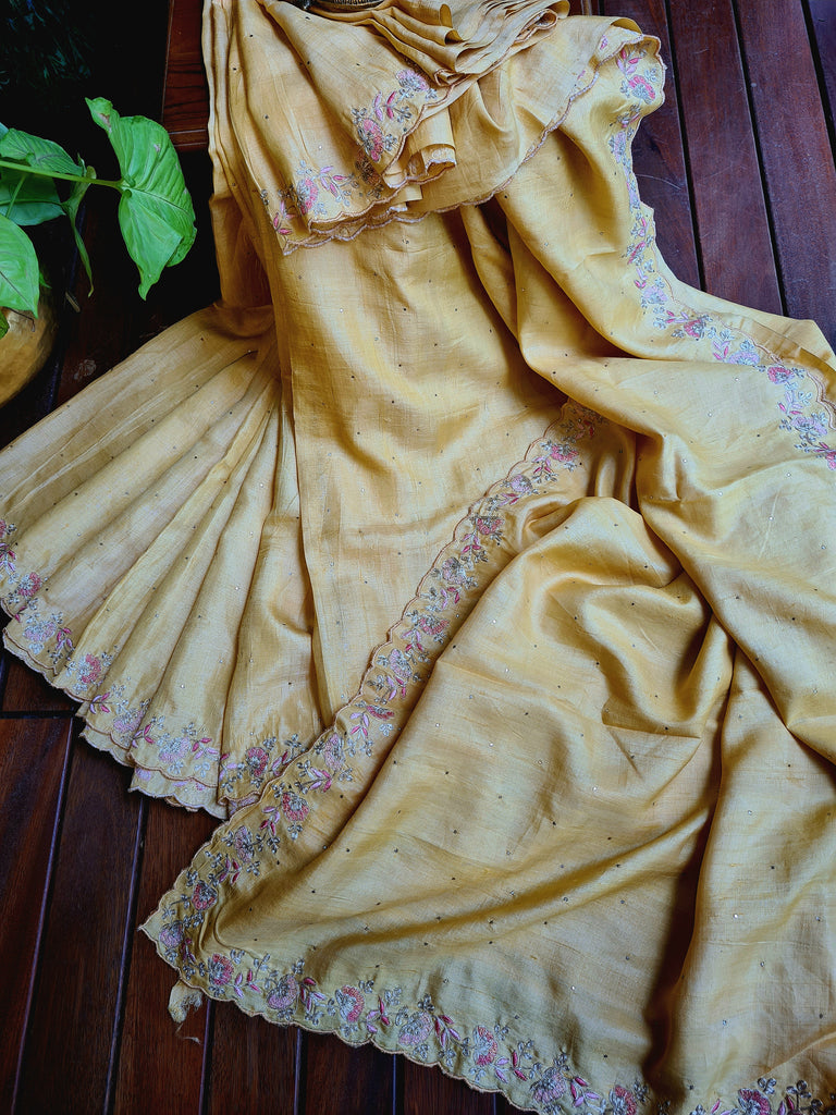 Zynah Yellow Color Handwoven Tussar Silk Saree Embellished with Pitan hand embroidery and Mukaish handwork; Custom Stitched/Ready-made Blouse, Fall, Petticoat; Shipping available USA, Worldwide