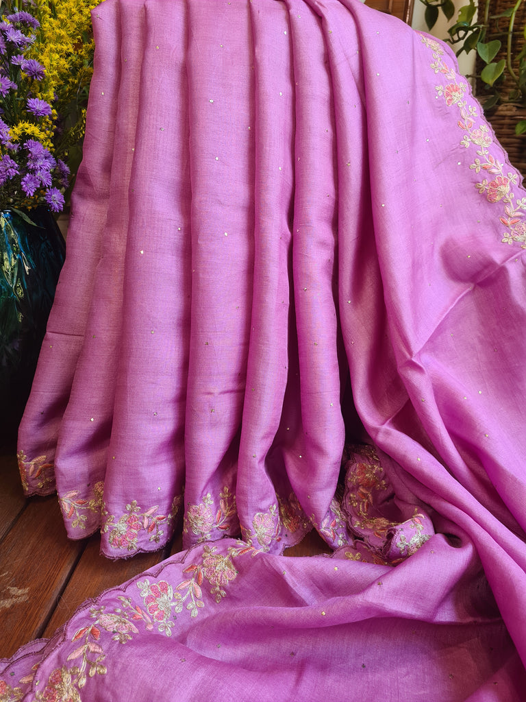 Zynah Lilac Color Handwoven Tussar Silk Saree Embellished with Pitan hand embroidery and Mukaish handwork; Custom Stitched/Ready-made Blouse, Fall, Petticoat; Shipping available USA, Worldwide