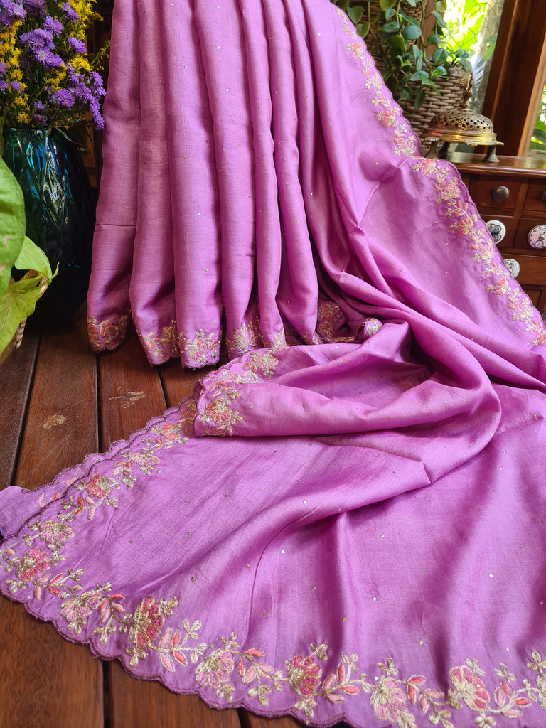 Zynah Lilac Color Handwoven Tussar Silk Saree Embellished with Pitan hand embroidery and Mukaish handwork; Custom Stitched/Ready-made Blouse, Fall, Petticoat; Shipping available USA, Worldwide