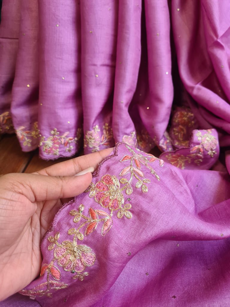 Zynah Lilac Color Handwoven Tussar Silk Saree Embellished with Pitan hand embroidery and Mukaish handwork; Custom Stitched/Ready-made Blouse, Fall, Petticoat; Shipping available USA, Worldwide