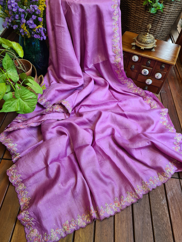 Zynah Lilac Color Handwoven Tussar Silk Saree Embellished with Pitan hand embroidery and Mukaish handwork; Custom Stitched/Ready-made Blouse, Fall, Petticoat; Shipping available USA, Worldwide