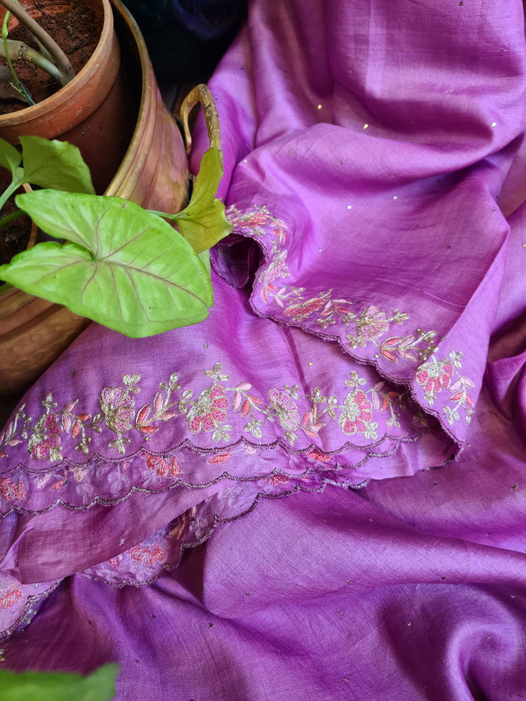 Zynah Lilac Color Handwoven Tussar Silk Saree Embellished with Pitan hand embroidery and Mukaish handwork; Custom Stitched/Ready-made Blouse, Fall, Petticoat; Shipping available USA, Worldwide