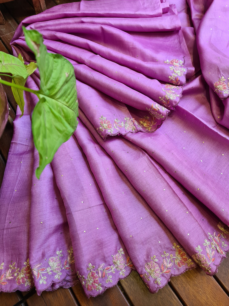 Zynah Lilac Color Handwoven Tussar Silk Saree Embellished with Pitan hand embroidery and Mukaish handwork; Custom Stitched/Ready-made Blouse, Fall, Petticoat; Shipping available USA, Worldwide