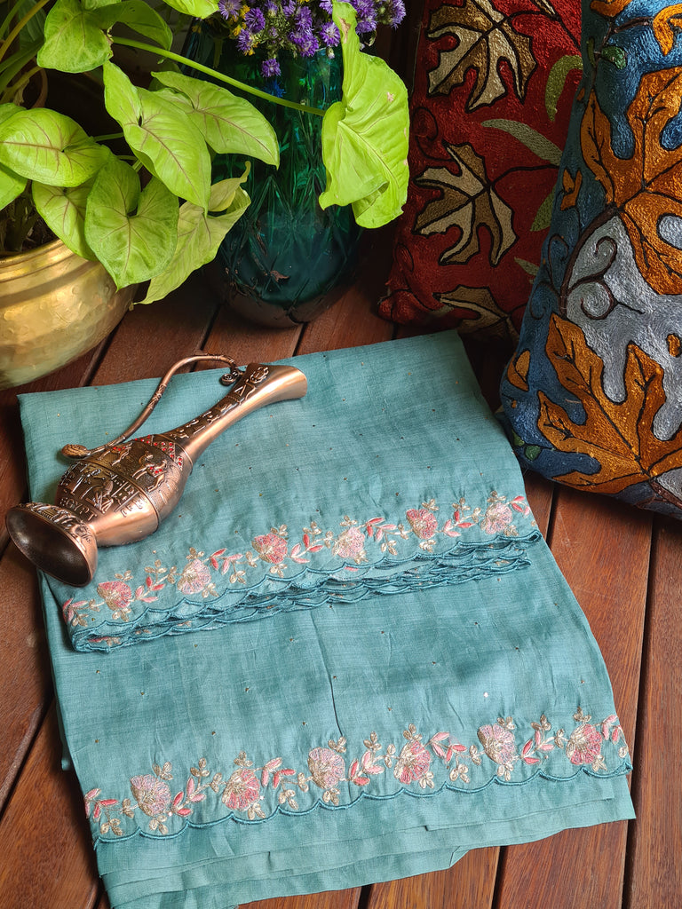 Zynah Teal Color Handwoven Tussar Silk Saree Embellished with Pitan hand embroidery and Mukaish handwork; Custom Stitched/Ready-made Blouse, Fall, Petticoat; Shipping available USA, Worldwide