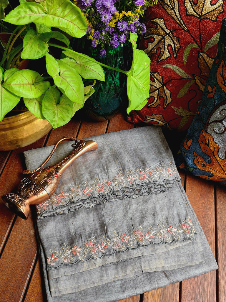 Zynah Grey Color Handwoven Tussar Silk Saree Embellished with Pitan hand embroidery and Mukaish handwork; Custom Stitched/Ready-made Blouse, Fall, Petticoat; Shipping available USA, Worldwide