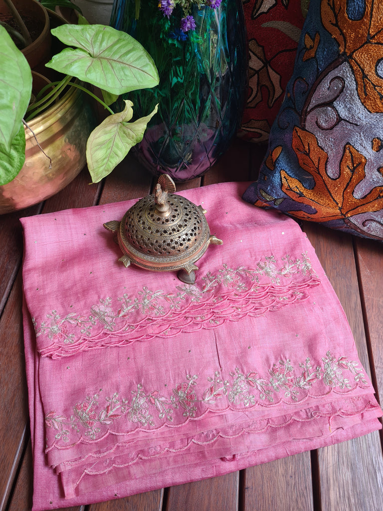 Zynah Pink Color Handwoven Tussar Silk Saree Embellished with Pitan hand embroidery and Mukaish handwork; Custom Stitched/Ready-made Blouse, Fall, Petticoat; Shipping available USA, Worldwide