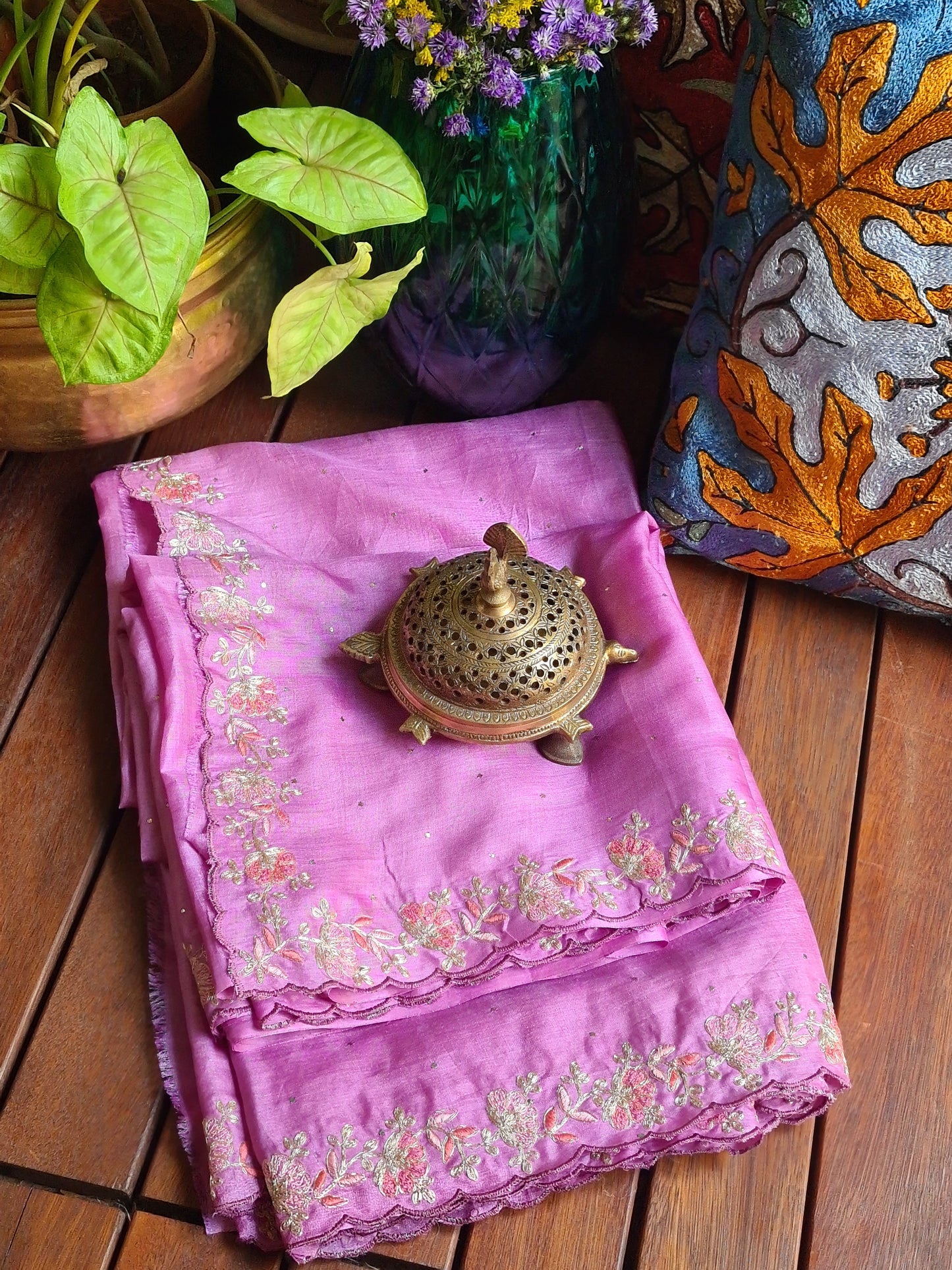 Zynah Lilac Color Handwoven Tussar Silk Saree Embellished with Pitan hand embroidery and Mukaish handwork; Custom Stitched/Ready-made Blouse, Fall, Petticoat; Shipping available USA, Worldwide