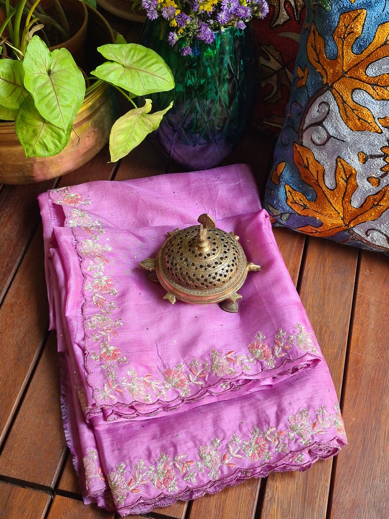 Zynah Lilac Color Handwoven Tussar Silk Saree Embellished with Pitan hand embroidery and Mukaish handwork; Custom Stitched/Ready-made Blouse, Fall, Petticoat; Shipping available USA, Worldwide