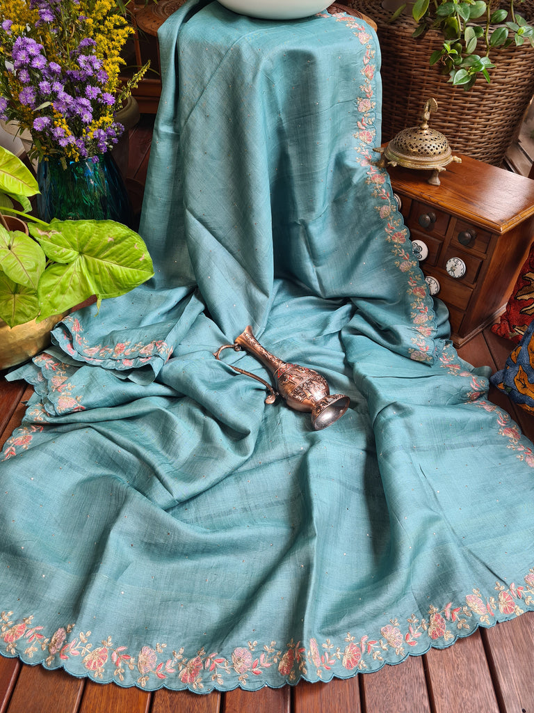 Zynah Teal Color Handwoven Tussar Silk Saree Embellished with Pitan hand embroidery and Mukaish handwork; Custom Stitched/Ready-made Blouse, Fall, Petticoat; Shipping available USA, Worldwide