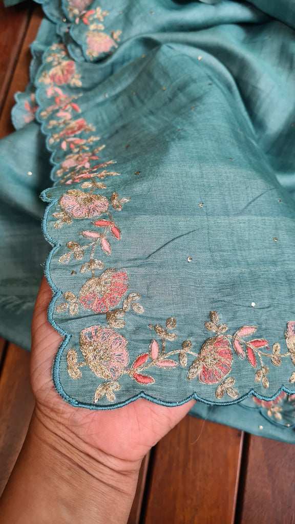 Zynah Teal Color Handwoven Tussar Silk Saree Embellished with Pitan hand embroidery and Mukaish handwork; Custom Stitched/Ready-made Blouse, Fall, Petticoat; Shipping available USA, Worldwide