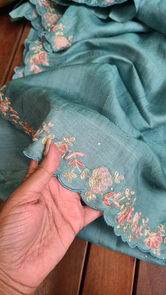Zynah Teal Color Handwoven Tussar Silk Saree Embellished with Pitan hand embroidery and Mukaish handwork; Custom Stitched/Ready-made Blouse, Fall, Petticoat; Shipping available USA, Worldwide