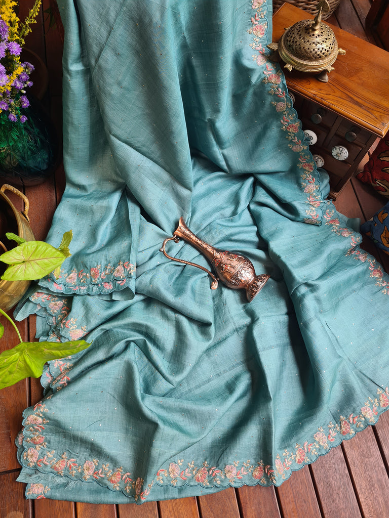 Zynah Teal Color Handwoven Tussar Silk Saree Embellished with Pitan hand embroidery and Mukaish handwork; Custom Stitched/Ready-made Blouse, Fall, Petticoat; Shipping available USA, Worldwide