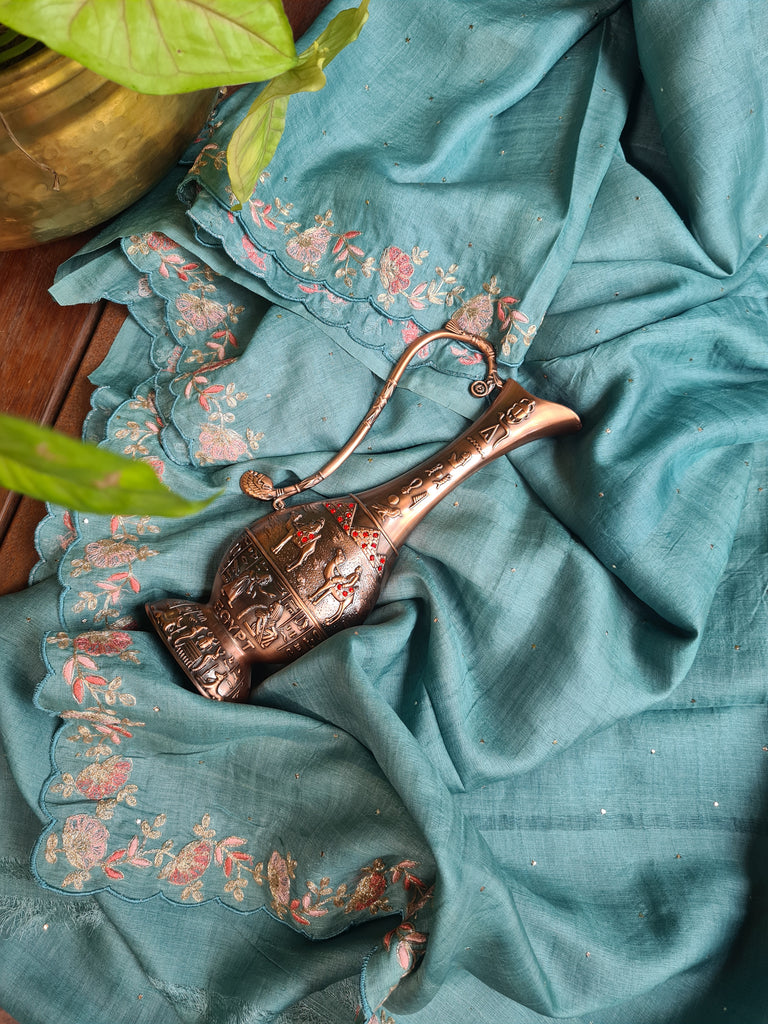 Zynah Teal Color Handwoven Tussar Silk Saree Embellished with Pitan hand embroidery and Mukaish handwork; Custom Stitched/Ready-made Blouse, Fall, Petticoat; Shipping available USA, Worldwide