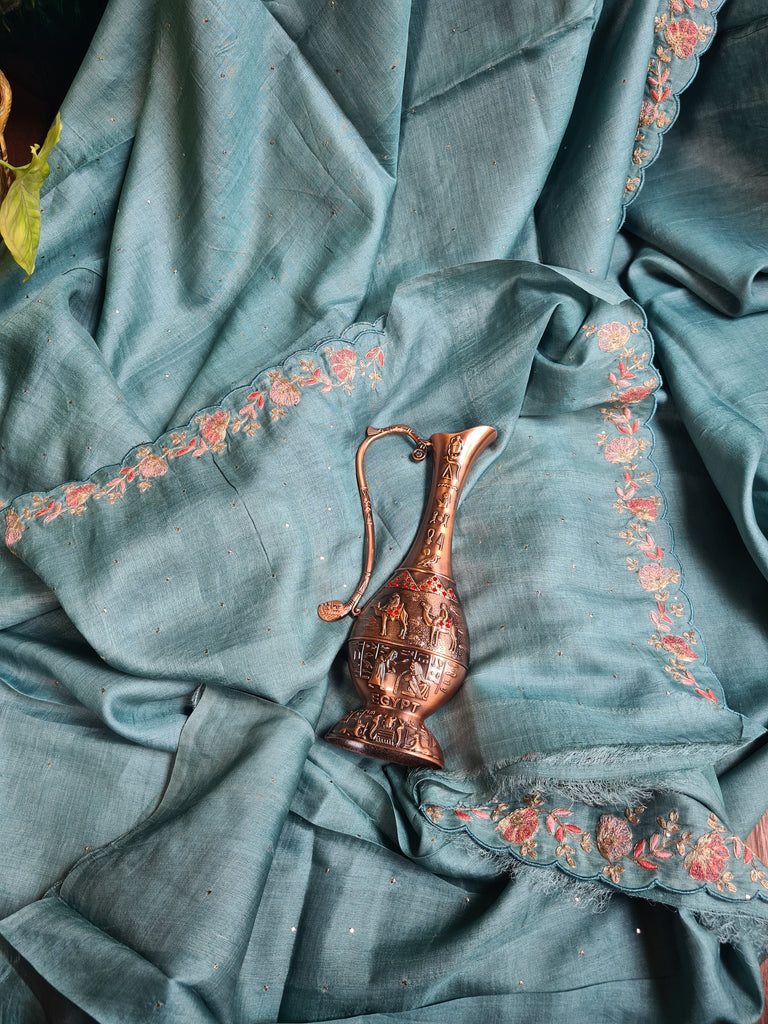 Zynah Teal Color Handwoven Tussar Silk Saree Embellished with Pitan hand embroidery and Mukaish handwork; Custom Stitched/Ready-made Blouse, Fall, Petticoat; Shipping available USA, Worldwide