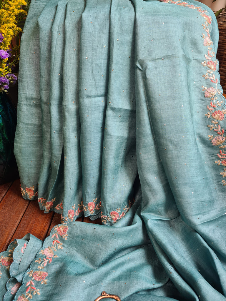 Zynah Teal Color Handwoven Tussar Silk Saree Embellished with Pitan hand embroidery and Mukaish handwork; Custom Stitched/Ready-made Blouse, Fall, Petticoat; Shipping available USA, Worldwide