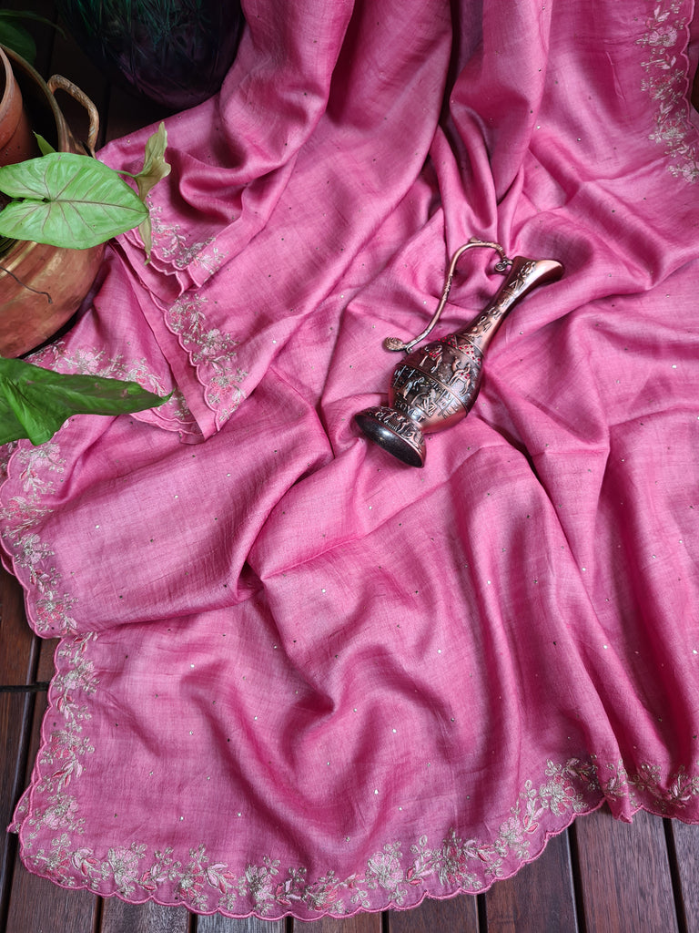 Zynah Pink Color Handwoven Tussar Silk Saree Embellished with Pitan hand embroidery and Mukaish handwork; Custom Stitched/Ready-made Blouse, Fall, Petticoat; Shipping available USA, Worldwide