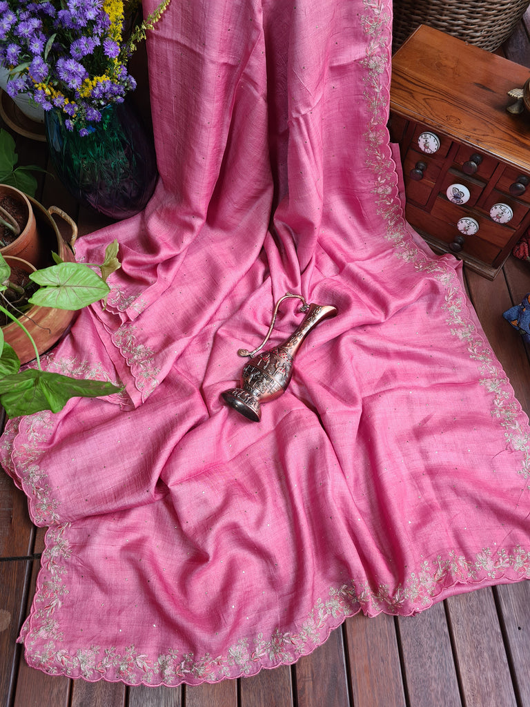 Zynah Pink Color Handwoven Tussar Silk Saree Embellished with Pitan hand embroidery and Mukaish handwork; Custom Stitched/Ready-made Blouse, Fall, Petticoat; Shipping available USA, Worldwide