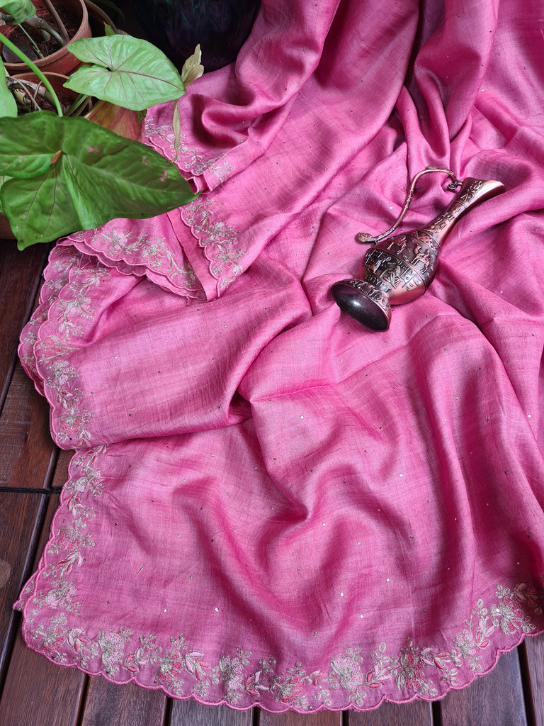 Zynah Pink Color Handwoven Tussar Silk Saree Embellished with Pitan hand embroidery and Mukaish handwork; Custom Stitched/Ready-made Blouse, Fall, Petticoat; Shipping available USA, Worldwide