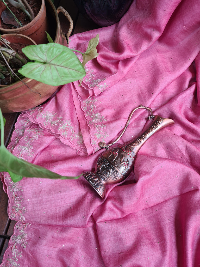 Zynah Pink Color Handwoven Tussar Silk Saree Embellished with Pitan hand embroidery and Mukaish handwork; Custom Stitched/Ready-made Blouse, Fall, Petticoat; Shipping available USA, Worldwide
