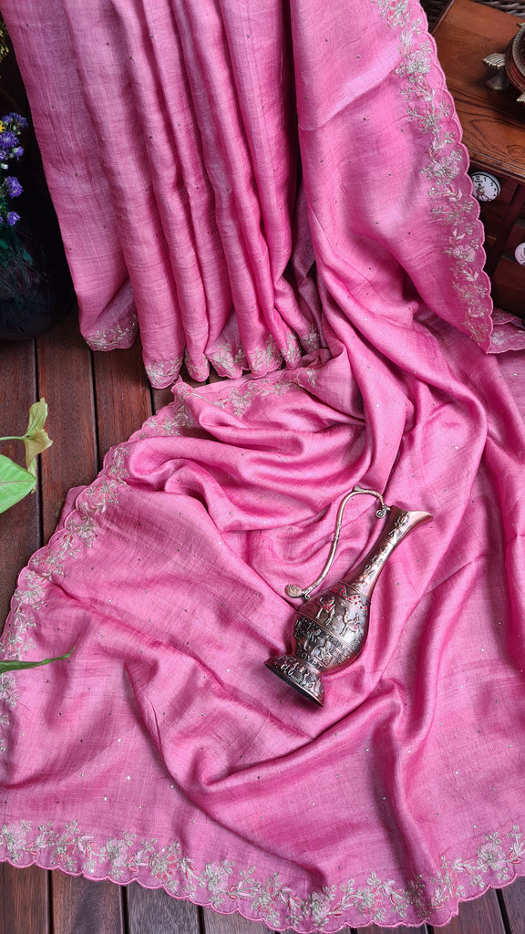 Zynah Pink Color Handwoven Tussar Silk Saree Embellished with Pitan hand embroidery and Mukaish handwork; Custom Stitched/Ready-made Blouse, Fall, Petticoat; Shipping available USA, Worldwide