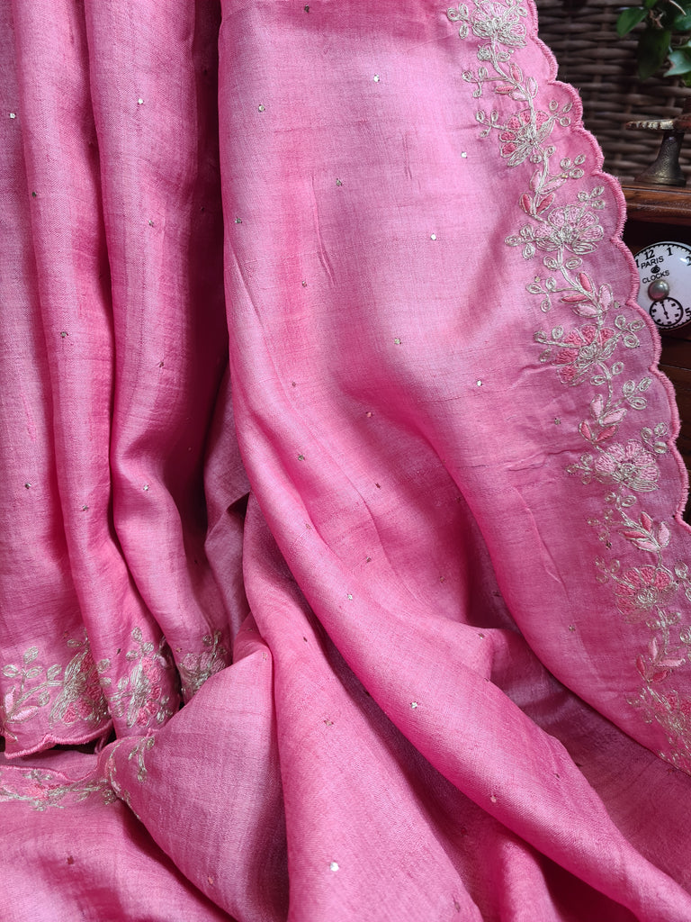 Zynah Pink Color Handwoven Tussar Silk Saree Embellished with Pitan hand embroidery and Mukaish handwork; Custom Stitched/Ready-made Blouse, Fall, Petticoat; Shipping available USA, Worldwide
