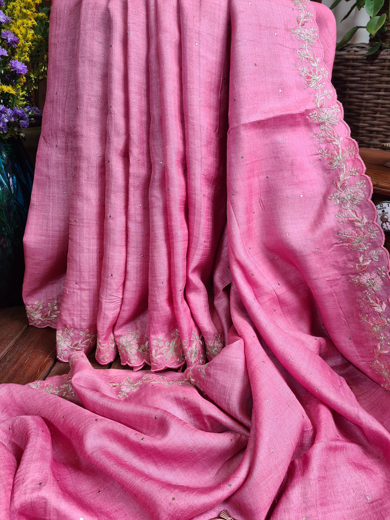 Zynah Pink Color Handwoven Tussar Silk Saree Embellished with Pitan hand embroidery and Mukaish handwork; Custom Stitched/Ready-made Blouse, Fall, Petticoat; Shipping available USA, Worldwide