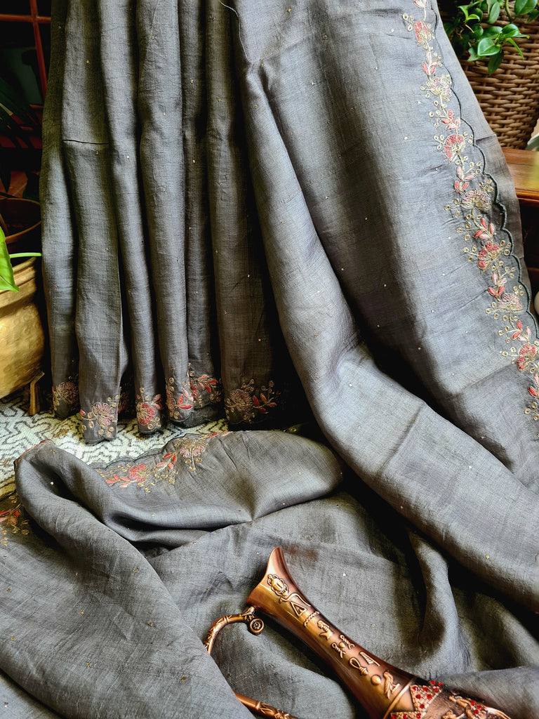 Zynah Grey Color Handwoven Tussar Silk Saree Embellished with Pitan hand embroidery and Mukaish handwork; Custom Stitched/Ready-made Blouse, Fall, Petticoat; Shipping available USA, Worldwide