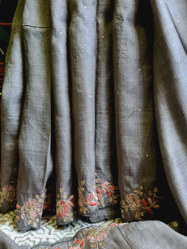 Zynah Grey Color Handwoven Tussar Silk Saree Embellished with Pitan hand embroidery and Mukaish handwork; Custom Stitched/Ready-made Blouse, Fall, Petticoat; Shipping available USA, Worldwide