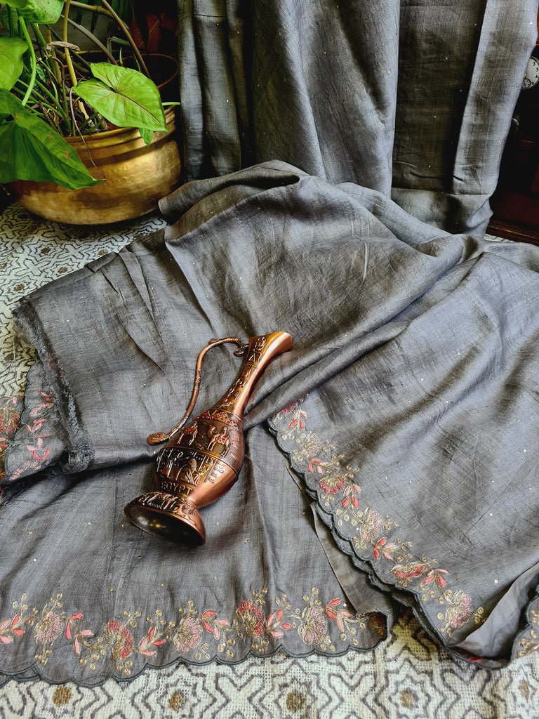 Zynah Grey Color Handwoven Tussar Silk Saree Embellished with Pitan hand embroidery and Mukaish handwork; Custom Stitched/Ready-made Blouse, Fall, Petticoat; Shipping available USA, Worldwide