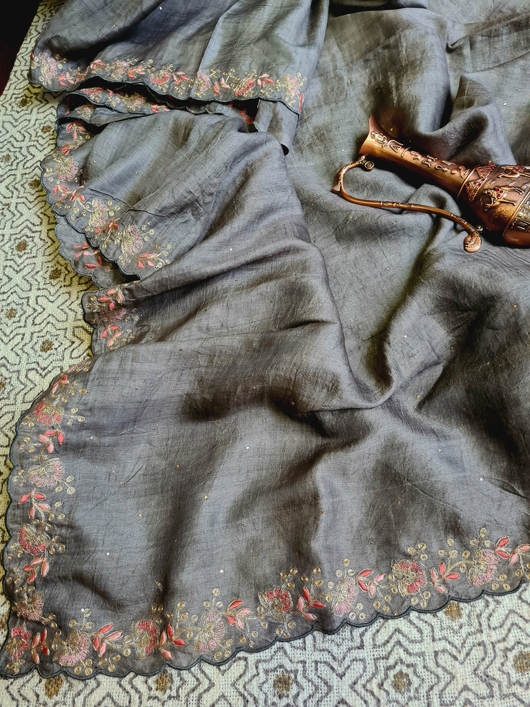 Zynah Grey Color Handwoven Tussar Silk Saree Embellished with Pitan hand embroidery and Mukaish handwork; Custom Stitched/Ready-made Blouse, Fall, Petticoat; Shipping available USA, Worldwide
