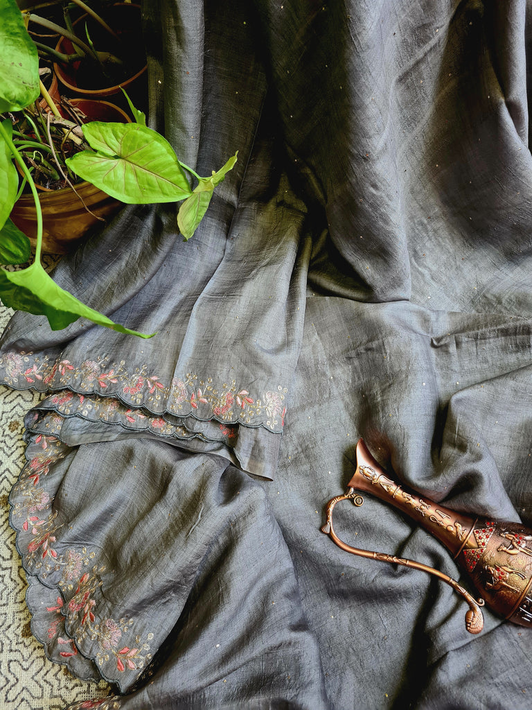 Zynah Grey Color Handwoven Tussar Silk Saree Embellished with Pitan hand embroidery and Mukaish handwork; Custom Stitched/Ready-made Blouse, Fall, Petticoat; Shipping available USA, Worldwide